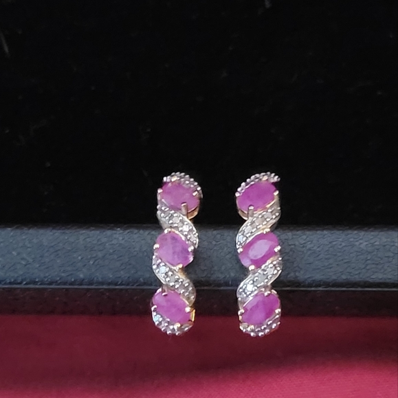 ROSS SIMON 925 Silver - Shiny Genuine Diamonds & Ruby Hoop Earrings - Picture 3 of 7